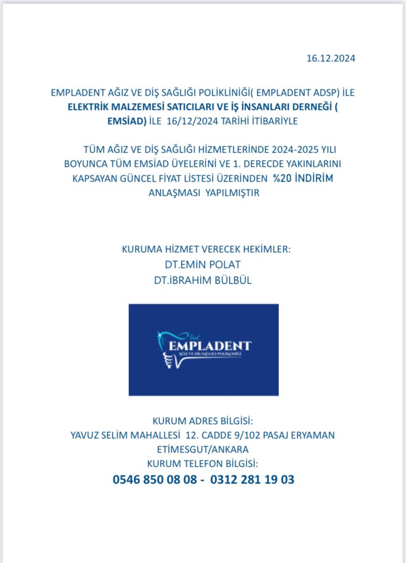 Empladent Ağız Ve Diş Sağlığı Polikliniği Kurumsal Anlaşma